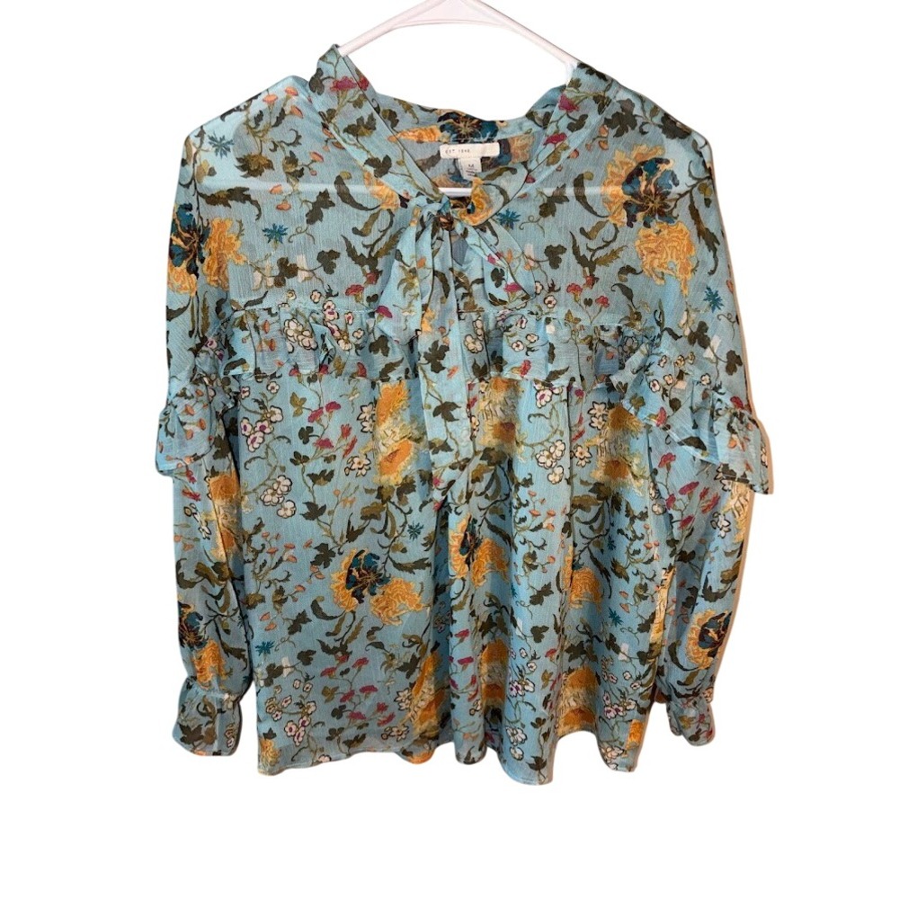 Est. 1946 Womens Blue Floral Tie Neck Ruffle Blouse Long Sleeve Top Size M